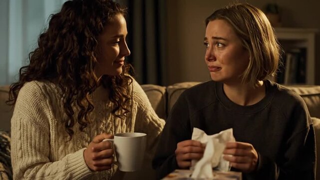 Friend comforts crying woman, offering emotional support, empathy during difficult time