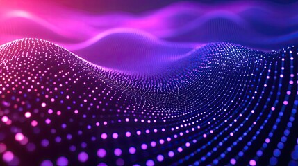 Abstract digital wave pattern featuring glowing dots in vibrant purple, pink, and blue hues, creating a futuristic background symbolizing data, network, and communication flow