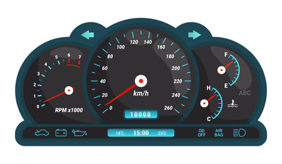 Car dashboard. Digital speedometer, odometer tachometer dash board lcd panel ui fuel oil gauge speed race indicator modern automobile console display kicky vector illustration