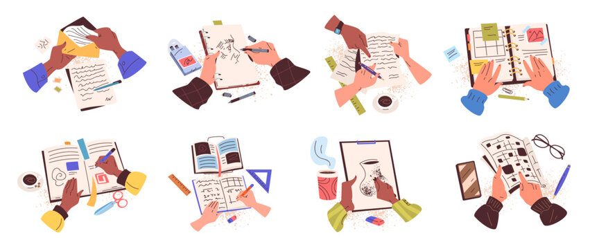 Hands write top view. Woman hand writing diary letter, man hold notebook make notes schedule school homework table pen paper document above desk, hobby classy vector illustration