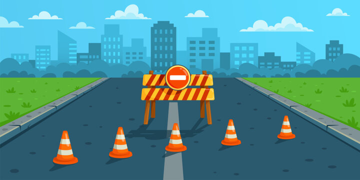 Cartoon closed road. Roadblock landscape, city safety traffic detour construction works signs highway repair cones street close block for cars, background kicky vector illustration