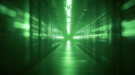 Green data center corridor with glowing server racks extending into the distance, symbolizing intricate connectivity, global communication networks, and secure digital processing infrastructure