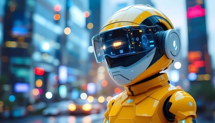 Cute Yellow Robot with VR Headset in Futuristic City