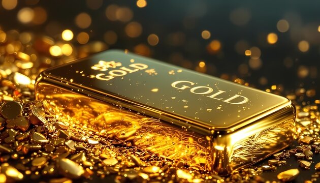 Shiny Gold Bullion Bar on Pile of Nuggets with Bokeh Background