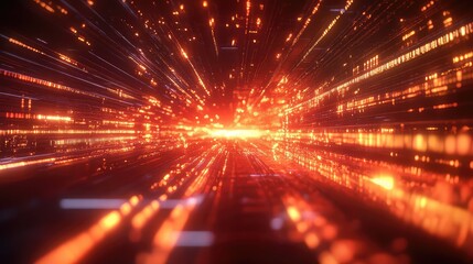 Moving through a high speed technological tunnel, bright orange and red light particles visualize concepts of data transmission, internet connectivity, and advanced digital networks