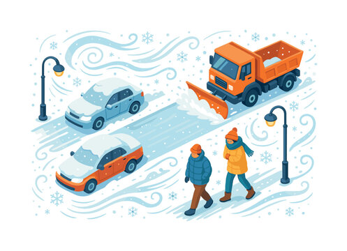 Winter activities flat icon set. featuring plow, car, snowfall, lampposts, snowflakes, scarf, and warm coat symbols