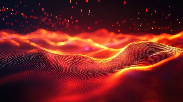 Digital particles form an undulating landscape with glowing lines, representing data streams, network connections, and the dynamic flow of abstract information in a technological environment - Powered by Adobe