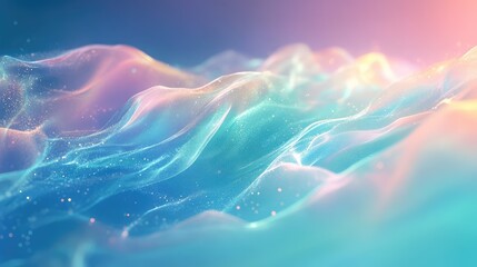 Abstract particle waves flowing seamlessly, creating a vibrant digital landscape with glowing light and soft pastel colors, representing data streams and connectivity