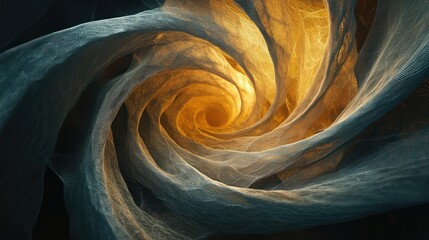 Abstract fabric material creates a dynamic spiral shape, blending warm golden light in the center with cool teal hues on the flowing, textured outer layers, suggesting energy and movement