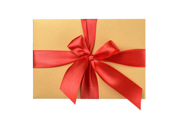 Golden textured paper present envelope tied with a bright red satin bow isolated. Transparent PNG image.