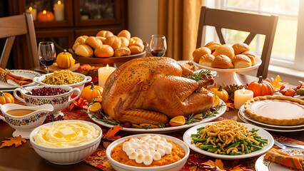 A warm and inviting thanksgiving feast with a golden brown roasted turkey centerpiece