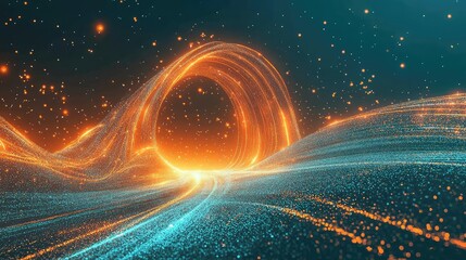 Glowing data particles forming an abstract luminous backdrop, illustrating information flow and digital transformation with interconnected lines and dynamic light effects