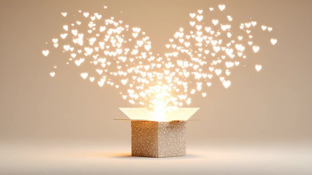 Glitter gift box with glowing heart particles flying out, symbolizing surprise, love and celebration concept