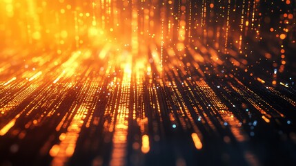 Abstract background displays glowing orange and yellow particles moving and falling, representing data flow, digital information, and network connections in modern technology