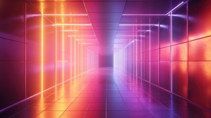 Abstract digital corridor creating a gradient of warm and cool light reflecting on geometric surfaces, symbolizing connection, innovation, and digital pathways