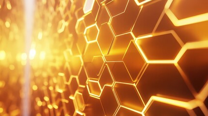 Golden hexagonal shapes forming an intricate, interconnected grid with bright light and a shallow depth of field, representing modern technology and digital data flow