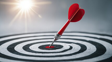 Red dart hitting center of black and white target with sunlight in background symbolizing goal and focus