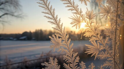 Delicate Frost Patterns Forming on Window Pane at Sunrise