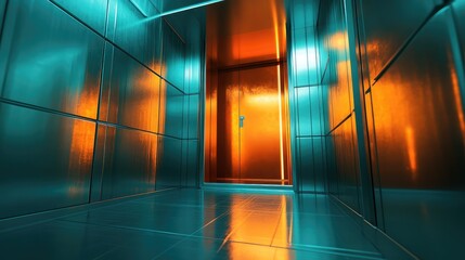 Modern metallic hallway with brushed panels reflecting contrasting teal and warm orange light, creating an exciting and mysterious atmosphere moving towards a bright, glowing door