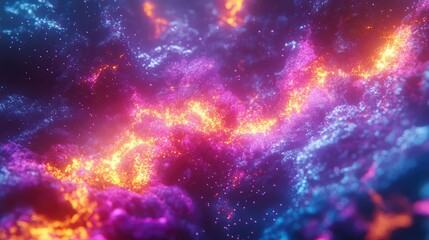 Naklejka premium Glowing abstract particles weave vibrant purple, orange and blue nebulae, evoking energetic cosmos, data visualization, and futuristic, dreamy digital energy and motion
