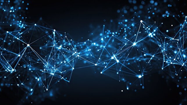 Futuristic digital network with glowing blue lines and dots on dark background representing connections