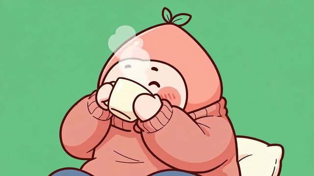 Cute Cartoon Character Enjoying a Warm Drink in a Cozy Setting.
