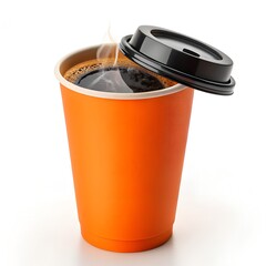 Bright Orange Coffee Cup with Black Lid on Clean Background
