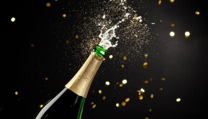 Close-up of a champagne bottle exploding with a splash of sparkling wine. A festive celebration scene against a dark background with golden bokeh lights, perfect for New Year's Eve or parties.