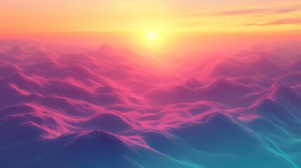 Abstract mountain landscape with rolling terrain glowing in vivid pink, purple, and blue hues under a warm orange and yellow sunset sky, creating a futuristic and dreamy digital scene