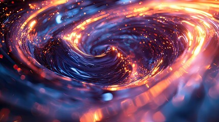 Abstract glowing vortex with dark blue and purple tones creating dynamic swirling energy, featuring illuminated particles and streaks of orange and gold light