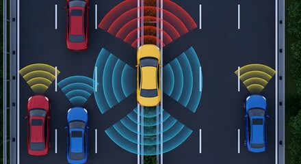 Autonomous yellow car sensing surroundings on highway with multiple vehicles and varied data