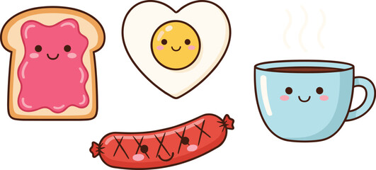 Cute kawaii breakfast food characters vector illustration with smiling toast egg sausage and coffee cup design