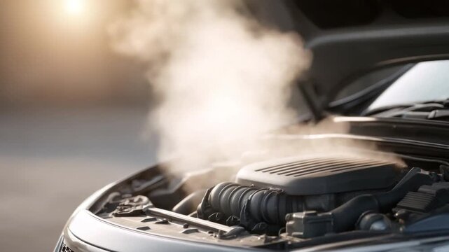 Engine Compartment with Steam Rising in Early Morning Light, Highlighting Automotive Maintenance and Repair Scene  4k video footage