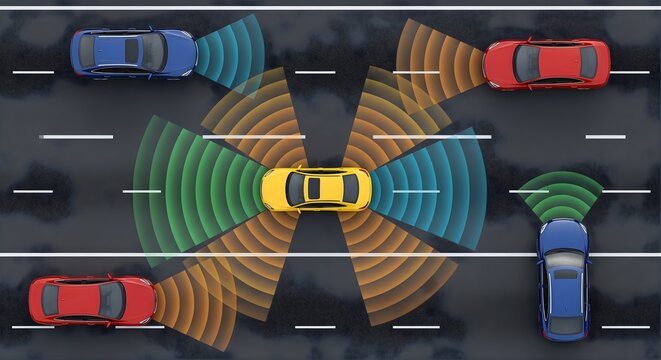 Autonomous vehicle sensors mapping road for navigation and collision avoidance in traffic on highway