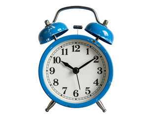 Blue retro alarm clock on white background with classic metal design and ringing bell