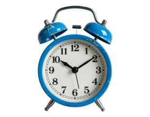 Blue retro alarm clock on white background with classic metal design and ringing bell