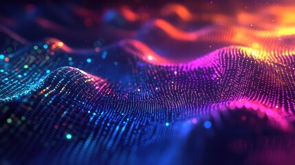 Glowing particles form a dynamic wavelength landscape of flowing data and light, visualizing futuristic ai, big data, quantum computing and interconnected digital networks
