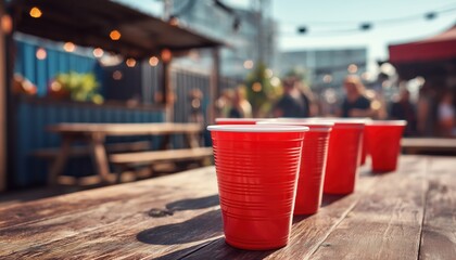 Red Party Cups Laid Out On A Table For Beer And Drinks At An Outdoor Market'S Food Festival In The City'S Food Court. A Summer Picnic Scene.