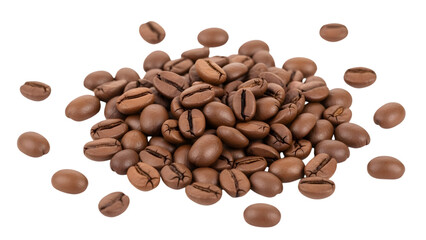 Naklejka premium Brown coffee beans scattered and piled isolated on a transparent background heap