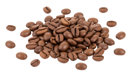 Brown coffee beans scattered and piled isolated on a transparent background heap