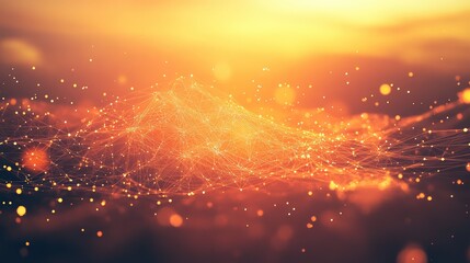 Abstract digital wave moving through a vibrant orange and yellow background, representing data connection, big data stream, and future communication technology