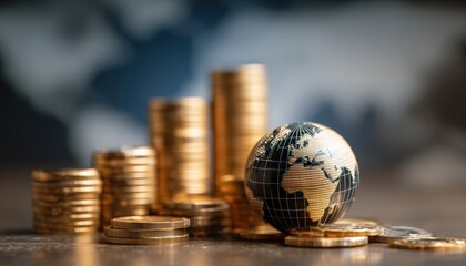 Stock Market Business Finance, Global Economic Expansion, Coin Stack And Earth Icon, Mutual Fund Investments, Managing Financial Risks, Impact Of Recession Information, Interest Rates And Debt.
