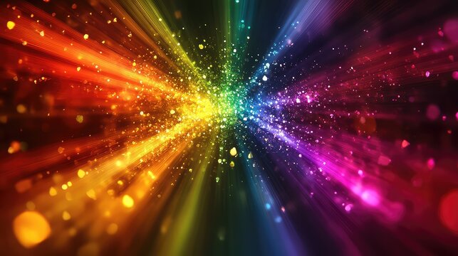 Abstract background showing bright light rays radiating a full color spectrum with sparkling glitter and motion blur, creating a dynamic, energetic explosion of colors