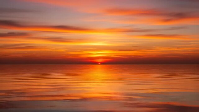 Vibrant orange sunset over calm ocean waters with golden light