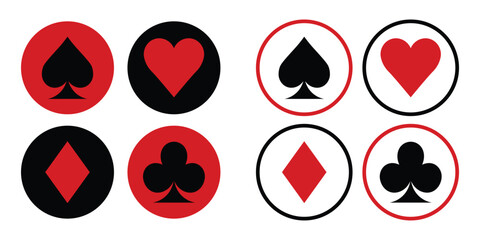 Playing card suit icons shown in red and black circles. Heart, diamond, club, and spade symbols appear in bold round badges. Perfect for casino branding, poker apps, and gambling graphics.