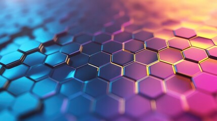 Hexagonal grid of glowing blue, pink and orange cells illustrating interconnected data flow and futuristic network structure for digital, ai and blockchain concepts