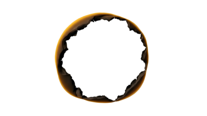 Burnt paper circle with torn edges and white center isolated on a transparent background ripped