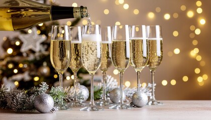 Pouring sparkling wine into glasses at a festive Christmas or New Year's Eve celebration, with a decorated tree, silver ornaments, and glowing bokeh lights creating a warm holiday atmosphere.
