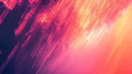 Abstract digital lines and pixels creating a dynamic flow of color, transitioning from deep pink and purple to bright orange and yellow, representing data, energy, and modern technology