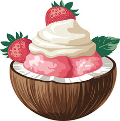 Frozen strawberry dessert in coconut shell, tropical treat, whipped cream, healthy summer food, fruit sorbet